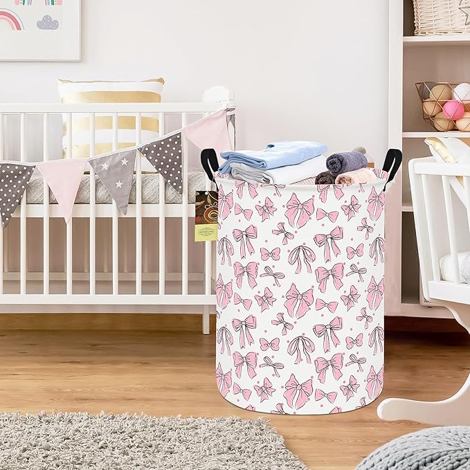 Collapsible Fabric Storage Basket, Waterproof Laundry Hamper with Handles, Round Storage Bin for Clothes Toys, Foldable Organizer for Bedroom Nursery Bathroom(Round-Pink Bow)