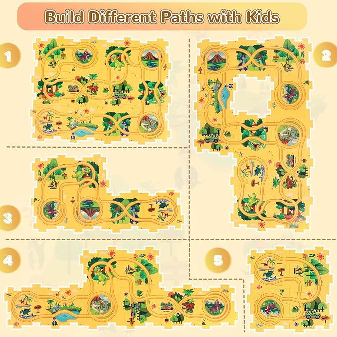 Puzzle Track Car Play Set with 12 Dinosaur Figures, Plastic Railcar Floor Puzzles for Kids Ages 3-5 with Vehicles, Toys Gifts for 3 4 5 6 Year Old Boys
