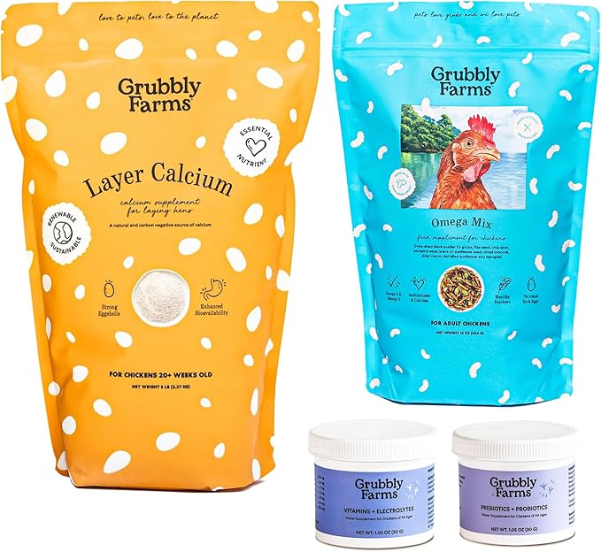 Grubbly Farms Supplements Bundle - Layer Calcium, Probiotics+Prebiotics, Vitamins+Electrolytes & Omega Mix - Complete Nutrition Support, Strong Eggshells & Digestive Wellness for Laying Hens