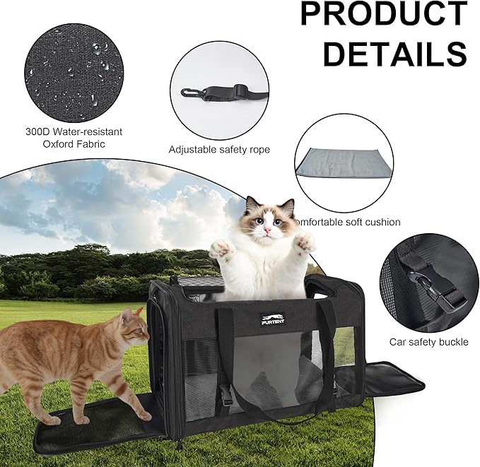Soft Sided Cat Carrier for Large Cats, Pet Carrier for 2 Cats or Small Dogs Up to 25Lbs, Large Cat Carrier with Shoulder Strap, Cat Car Carrier with Safety Buckle & Cushion, 20x13x13 inches, Black