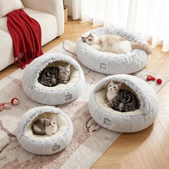 Hooded Dog Bed, Cat Cave Bed with Removable Hood, 2-in-1 Convertible Donut Cat Bed, All Season Fluffy Pet Bed for Cats Small Dogs (Cave Nest - Grey, Large Size 23.6 in)
