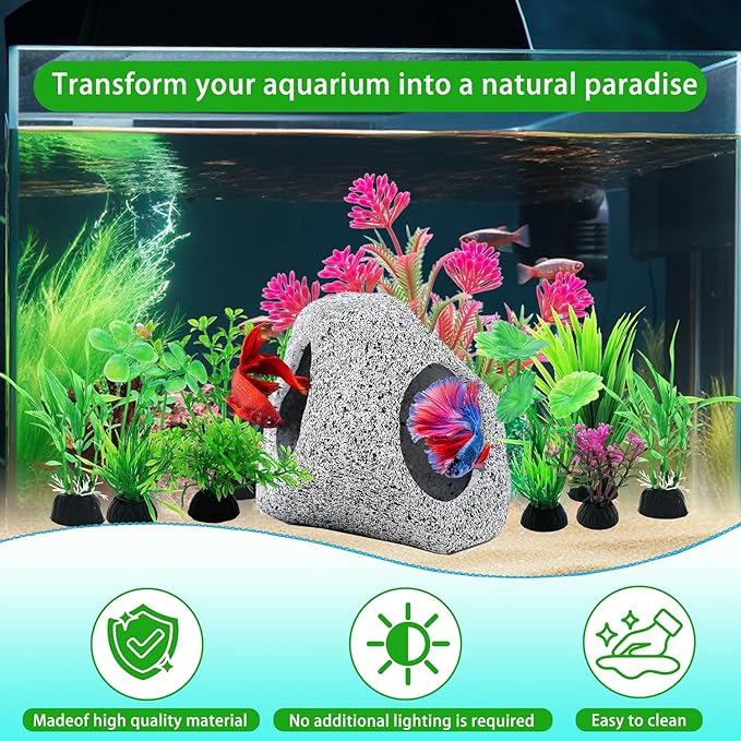 SLOCME 10 Pcs Aquarium Rock Cave & Plants Set – Colorful Plastic Aquarium Plants Fish Tank Decorations, Ceramic Betta Fish Hideout Breeding Shelter