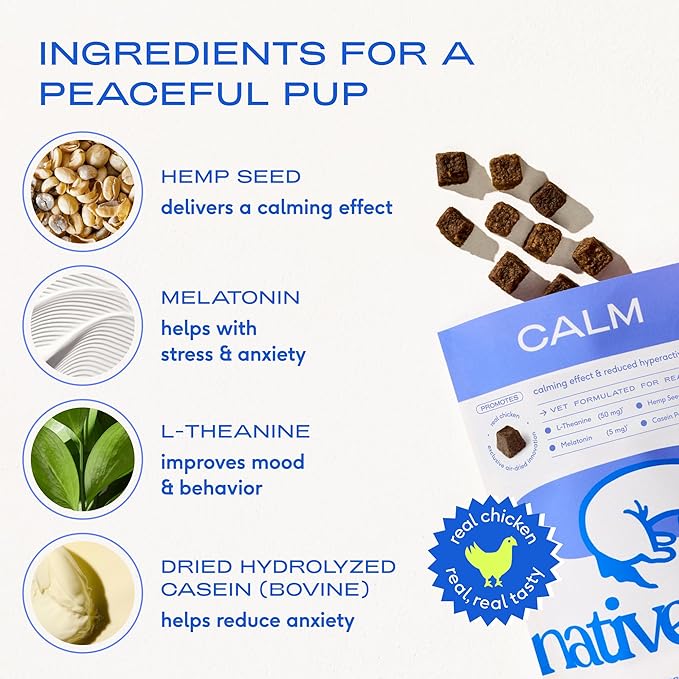 Native Pet Calming Chews for Dogs - Promotes Calming Effect, Supports Emotional Balance & Reduces Hyperactivity - Hemp Seed, Melatonin for Dogs, L-Theanine & Casein - 30 Chews