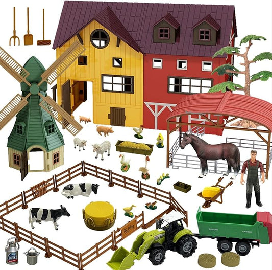 Peagprav Farm Animals Figurines Toys -140 pcs Toy Set Barn Toy Horse Stable Tractor Trailer Windmill Farmer Fence Playset for Kids Toddlers Boy Girl 3-7 Years Old