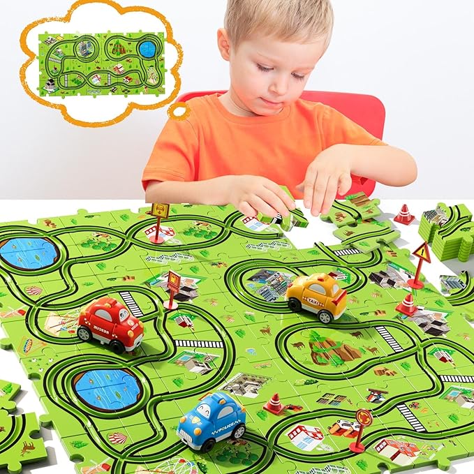 Beby Buty 64PCS Puzzle Track Car Set Toys for Kids Boys, Toddler Toys Gifts for 3 4 5 Year Old, Floor Puzzle Tracks Car for Boys Ages 3-5 4-6, for 3 4 5 6 Year Old