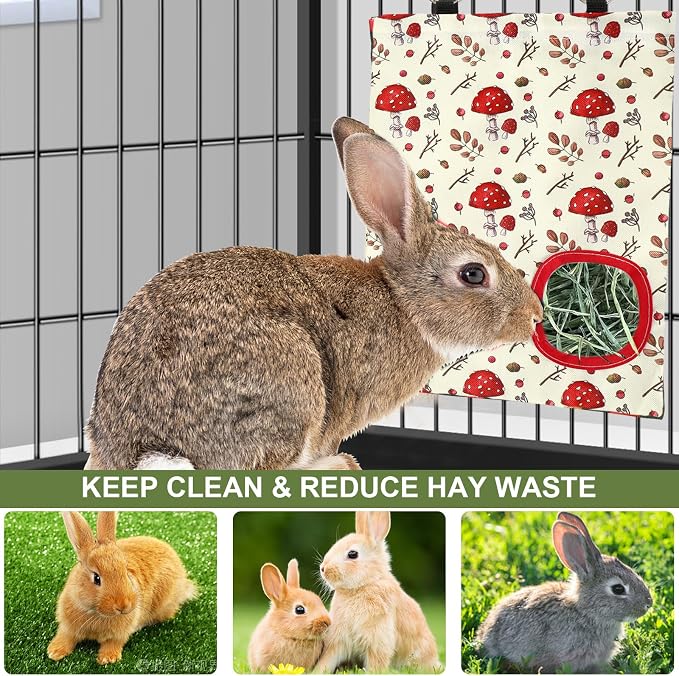 JarThenaAMCS 2Pcs Rabbit Hay Feeder Bag with 2 Holes Black Beige Mushroom Guinea Pig Hanging Hay Feeding Bag Storage Dispenser for Chinchilla Hamster Bunny Small Animal Pet