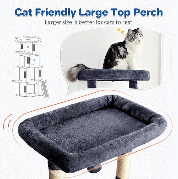 ABCPET Cat Tree Tower 63in Multi-Level Cat Tower for Indoor Cats with Sisal Scratching Posts, Condo, Hammock, Dangling Ball and Extended Platform for Cats to Play, Dark Grey