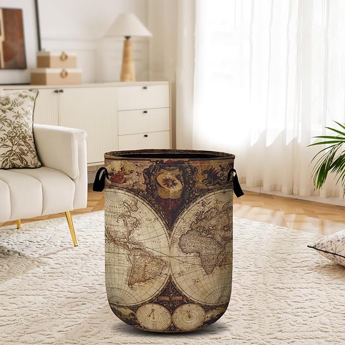 World Map Laundry Basket, Laundry Hamper Collapsible Oxford Cloth with Handle Clothes Storage Bin for Bathroom Laundry Room Bedroom 15.7 X 20 Inch
