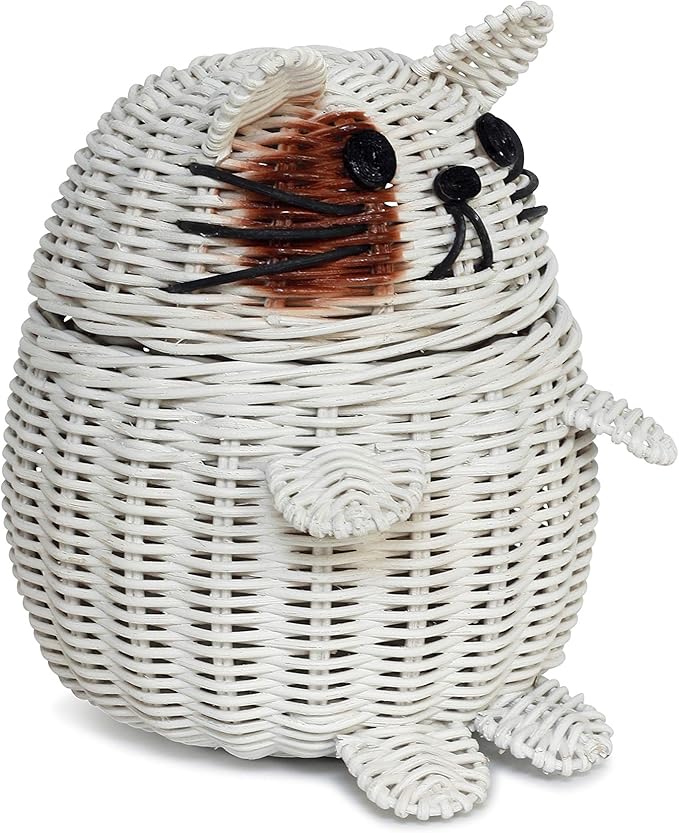 G6 COLLECTION Cat Rattan Storage Basket With Lid Decorative Bin Home Decor Hand Woven Shelf Organizer Cute Handmade Handcrafted Nursery Gift Animal Art Decoration Artwork Wicker Kitten