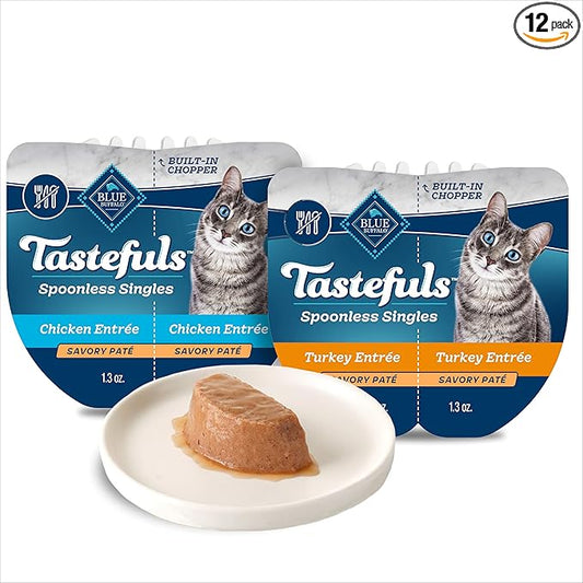 Blue Buffalo Tastefuls Spoonless Singles Variety Pack, Wet Cat Food Paté, 2.6-oz. Twin-Pack Trays, Chicken & Turkey Entreé (12 Count)