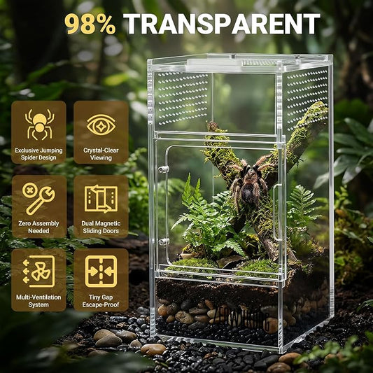 Jumping Spider Enclosure - Acrylic Terrarium Habitat for Spiders, Tarantulas, Snail, Mantis, Lizard, and Small Reptiles, Magnetic Doors (3x3x6 inch)
