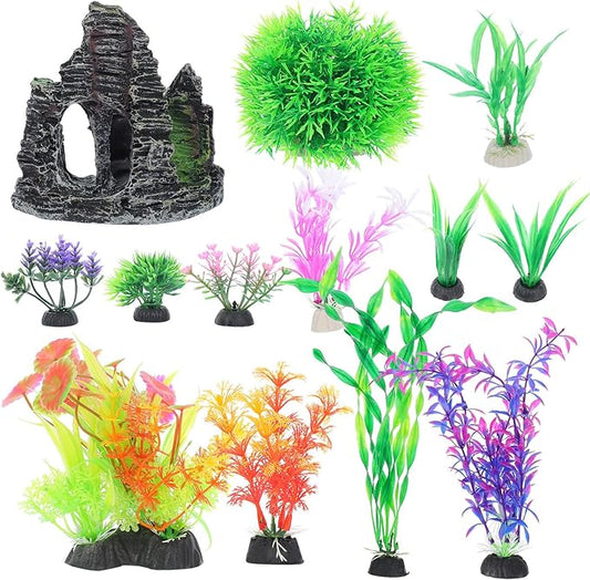 Toyvian Aquarium Decorations Set, 13piece Lifelike Artificial Aquatic Plants with Realistic Rock Cave Hideout Fish Tank Accessories Kit for Goldfish and Tropical Fish
