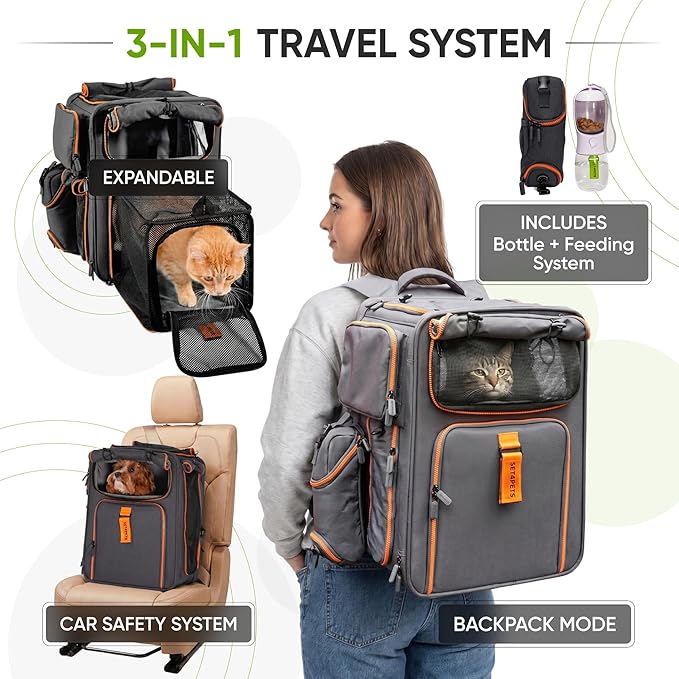 Premium Expandable Cat Carrier Backpack with Car Seat Belt Safety System – Rigid Frame Pet Carrier Backpack for Cats & Small Dogs up to 25 lbs – Breathable, Durable – Includes Bottle & Feeding Bowl