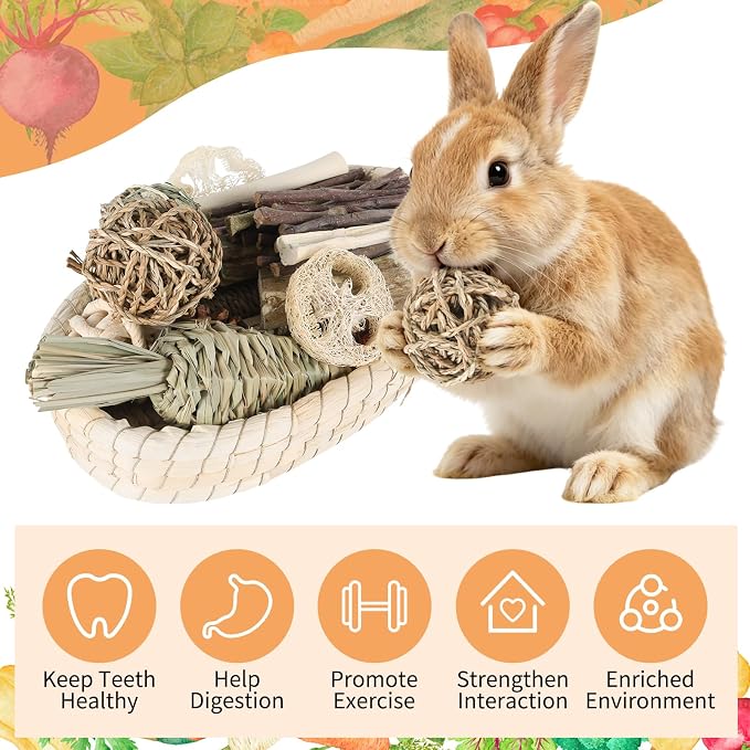 Foxtell 19Pcs Bunny Chew Toys, Rabbit Chew Sticks, Guinea Pig Toy, Natural Bunny Toys Chew and Treat for Guinea Pigs, Chinchillas, Hamsters and Other Small Pets