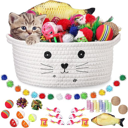 Zopeal 58 Pcs Mother’s Day Cat Storage Basket Gift Toys Set, Colorful Flashing Balls Pet Bell Crinkle Balls Spring Toys Attract Cat to Swat, Hunt, Interactive for Pet(White,9.8 Inch)