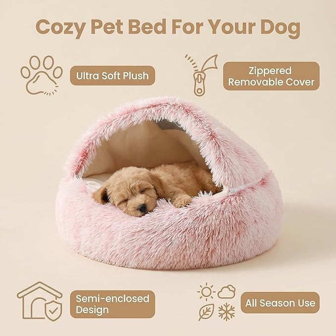 Hooded Dog Bed, Cat Cave Bed with Removable Hood, 2-in-1 Convertible Donut Cat Bed, All Season Fluffy Pet Bed for Cats Small Dogs (Cave Bed - Pink, Large Size 23.6 in)