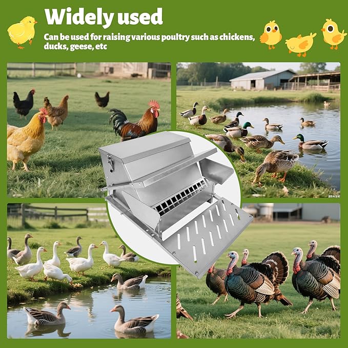 Automatic Metal Treadle Feeder 26lbs Capacity No Waste Automatic Chicken Feeder Galvanized Steel Large Metal Poultry Feeder Outdoor Coop Food Dispenser with Rain Cover