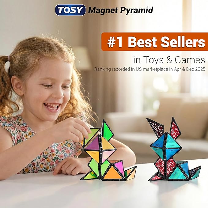 TOSY Magnet Pyramid - 1 Fidget Cube Transforms into 1 Billion Shapes, 243 Rare Earth Magnets, Glowing, Holographic Design, Spinner Accessory, Gift for Christmas Birthday (Set of 1 Stone 1 Glow)