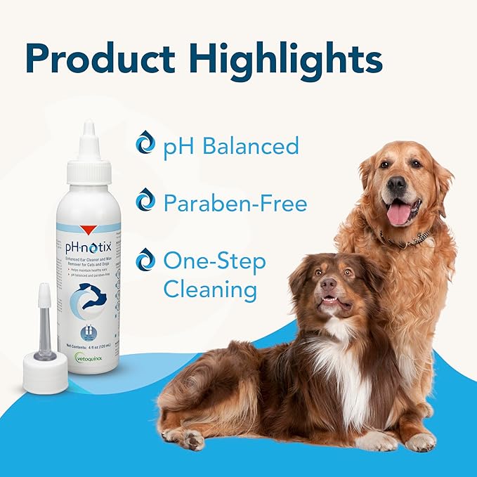 Vetoquinol PH•notix Advanced Ear Cleaner & Wax Remover - Liquid Ear Cleaning Support for Dogs & Cats - Supports Healthy Canals - Fast-Acting & No-Rinse Formula - pH Balanced & Paraben-Free - 4 fl oz