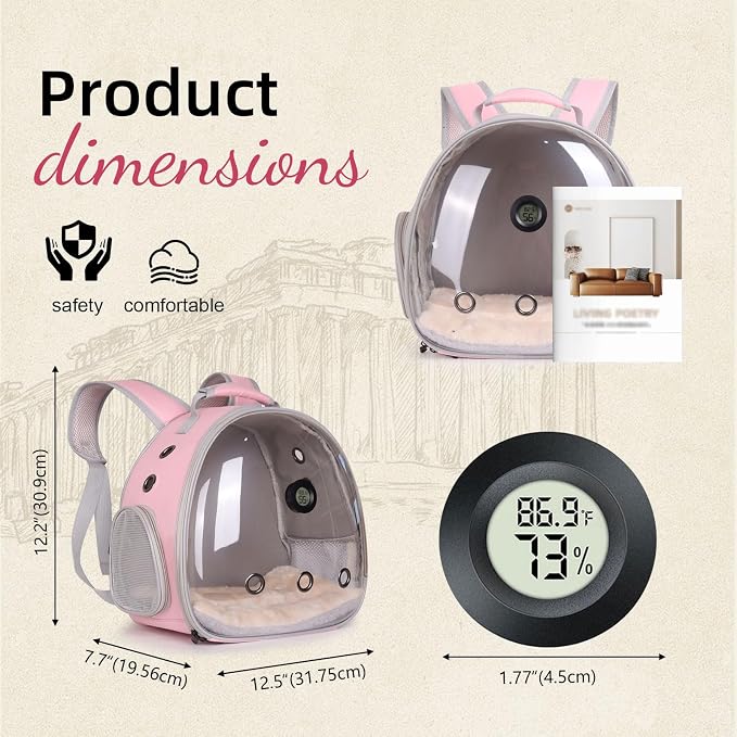 Bearded Dragon Travel Backpack Carrier with Reptile Thermometer and Humidity Gauge Lizard Travel Cage Space Capsule Clear Bubble Window Astronaut Reptile Bag for Ball Python (Pink, Backpack)