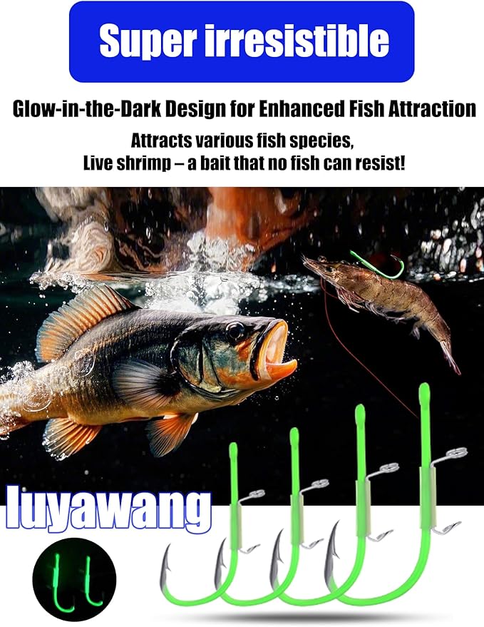 Luminous Shrimp Hooks 10/40 Packs Saltwater Fishing Hooks - Premium Carbon Steel Barbed Corrosion Resistant for Big Game Fish