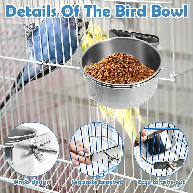 kathson 4 Pack Stainless Steel Bird Bowls, Parrot Feeding Dish Cups with Clamp Holder Bird Feeders Water Cage Bowl for Parakeet Cockatiels Conure Budgies Lovebird Finch and Small Animals