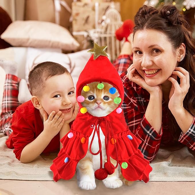 Vellibring Cat Christmas Outfit Red Pet Cloak with Hat with Star and Pompoms Puppy Cape Clothes Xmas Tree Elf Costumes Party Pet Supplies Accessories for Small Dogs Cats Pet Santa Presents