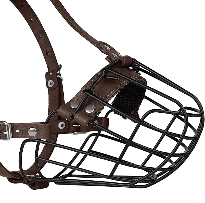 Pitbull Dog Muzzle Breathable Metal Basket for Large Dogs Amstaff Staffordshire Terrier Secure Wire Mask Adjustable Durable Leather Straps Biting Chewing Barking (Dark Brown)
