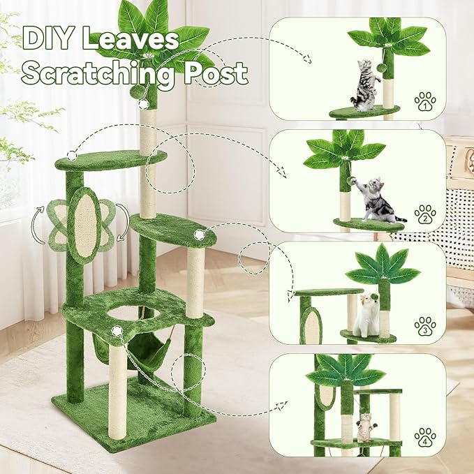 61" Cat Tree for with Green Leaves, Multi-Level Large Cat Tower with Hammock, Plush Cat House with Hang Ball Toy and Sisal Scratching Posts Furniture, Green