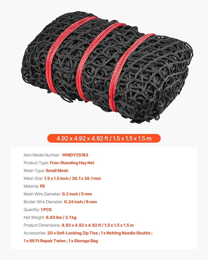 VEVOR Round Bale Hay Net, 4.92 x 4.92 x 4.92 ft, 1.5 inch Holes, PE Material, Knotless Design, with Zip Ties, Needle Shuttle, Repair Twine and Storage Bag, Slow Feeder Round Bale Net for Horses