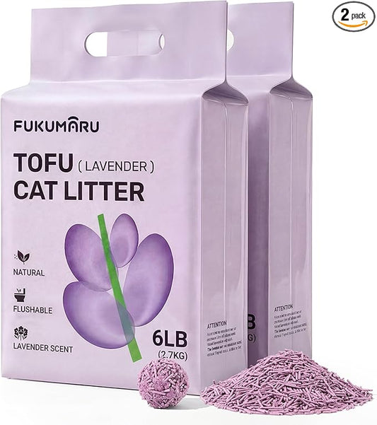 FUKUMARU Tofu Cat Litter, 12lb - Lavender Scent, Firm Clumping, Natural Odor Control, Low Dust, Flushable Plant-Based Pellets, 6lb x 2 Bags