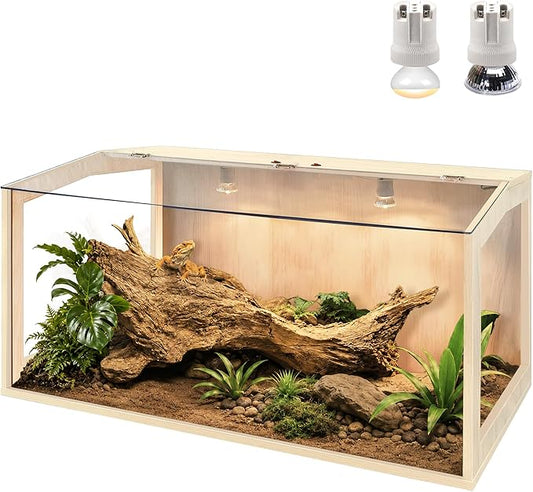 PROLEE Bearded Dragon Tank, Lizard Tank with Clear Tempered Glass Roof, Anti-Scratch Reptile Enclosure, Reptile Tank Built-in Light Fixtures with Switch (32X16X16inch,34 Gallon)