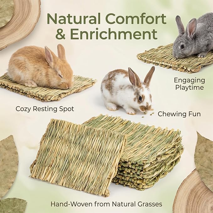 Sukh 3PCS Natural Rabbit Grass Mats - Hand Woven Hay Cage Bed Mat, Pet Cooling Sleeping Nest & Chew Toys for Bunny Hamster Chinchilla Guinea Pig Mouse Bird Small Animals