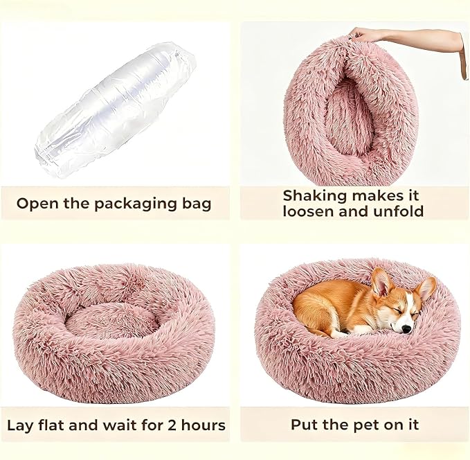 Calming Large Donut Dog and Cat Bed, Anti-Anxiety Round Soft Fluffy Plush Faux Fur Washable Anti-Slip Pet Bed for Medium Dogs Up to 35 lbs 28in Pink