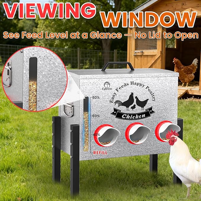 7gal 35LB Large Automatic Chicken Feeder with Window - 6 Port No Waste Design, Rust-Proof Alloy Steel with Locking Lid & Adjustable Legs, Rodent Proof, Waterproof Silo for Hens, Ducks, Geese, Poultry