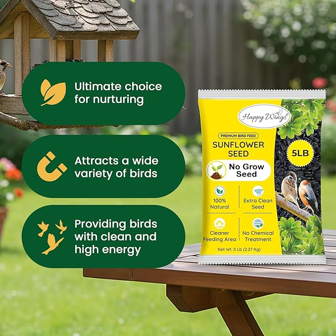 Happy Wings Black Oil Sunflower Seeds – 5 lb Wild Bird Food for Cardinals, Finches & Chickadees – High-Energy Natural Bird Feed for All Life Stages