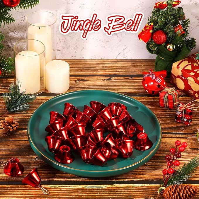 30 Pieces Craft Small Brass Bells for Crafts Mini Vintage Bells with Spring Hooks Tiny for Hanging Wind Chimes Making Dog Training Doorbell Wedding Decor, 1.65 x 1.5 Inch(Red)