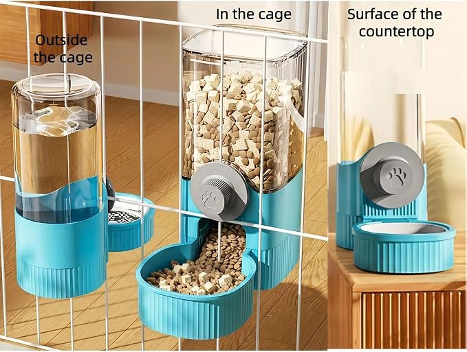 Hanging Automatic Pet Feeder and Water Dispenser Set, 40oz Gravity Food Feeder & 17oz Water Bottle for Rabbit, Guinea Pig, Ferret, Chinchilla - Cage Mount Small Animal Feeding Supplies (Blue)