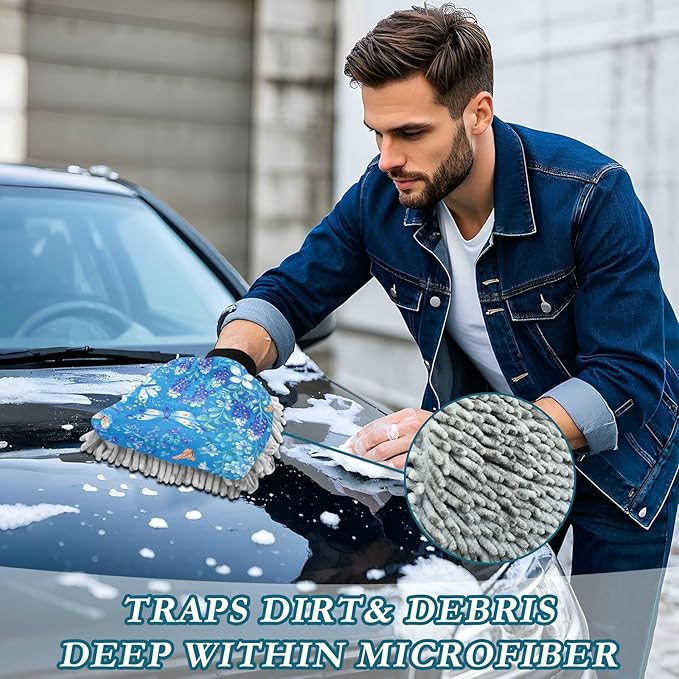 Car Wash Mitt Microfiber Wash Mitts for Car Washing Scratch-Free Cleaning Gloves Soft Non Absorbent Chenille Auto Hand Mitt Large 2Pack Bluebonnet Birds and Butterflies Blue