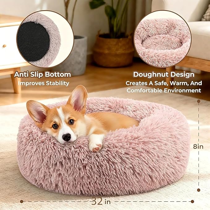 Calming Extra Large Donut Dog Bed, Anti-Anxiety Round Soft Fluffy Plush Faux Fur Washable Anti-Slip Pet Bed for Medium Dogs Up to 45 lbs 32in Pink
