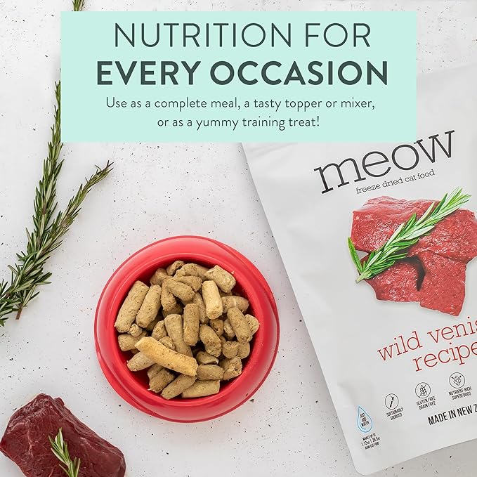 The New Zealand Natural Pet Food Co. Meow Freeze Dried Cat Food - Wild Venison Recipe, High Protein Treats, Meals & Toppers, Dry Cat Food, 9.9 oz