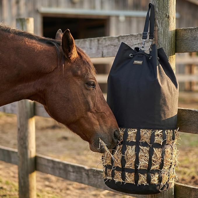 Hay Bags for Horses, Cylindrical Slow Feed Hay Bag with Rounded Diamond Nets Design for Goats,Horse,Donkey,Large Easy-Fill Top with Drawstring and Adjustable Strap