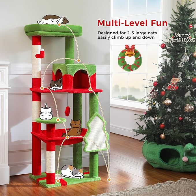 PETEPELA Christmas Cat Tree for Indoor Cats, 56.3'' Tall Multi-Level Cat Tower with Super Large Hammock (20''X16''), Sisal Covered Scratching Posts, Cozy Condo and Top Perch, Christmas Style