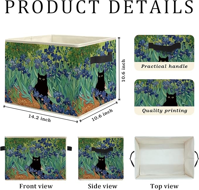 Irises Floral Black Cat Storage Bin Box, Cat Lover Mom Lady Grandma Gifts Collapsible Storage Basket Organizer for Bedroom Bathroom Home Clothes Toys Books, Toybox for Girls