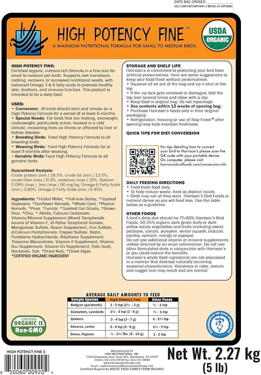 Harrison's Bird Foods High Potency Maximum Nutritional Formula for Small to Medium Birds, Certified Organic Non-GMO Pet Bird Food, Vet-Developed, Suitable for All Life Stages, 2.27 kg/ 5 lb