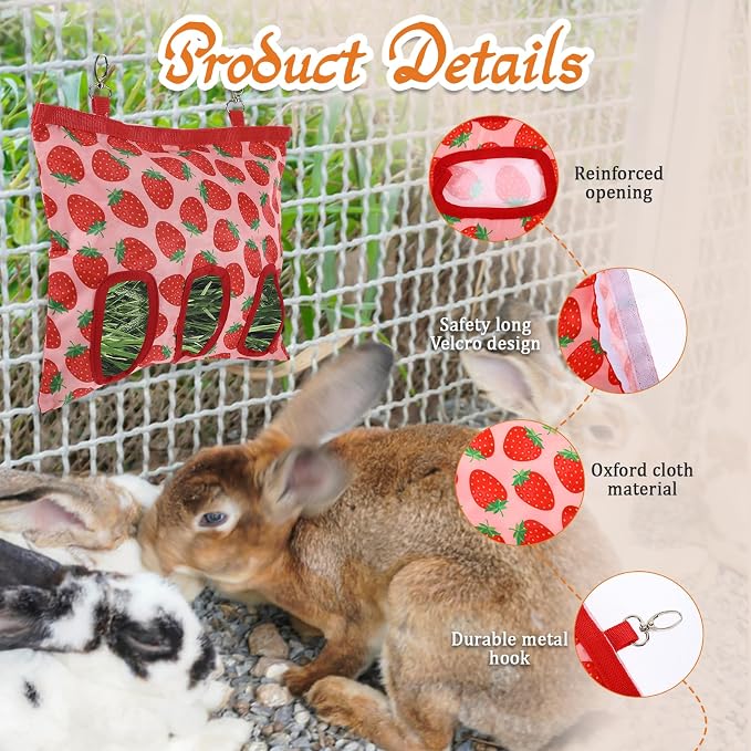 Rabbit Hay Feeder, 3 Hole Hanging Hay Bag for Rabbits Guinea Pig Bunny Chinchillas Washable Rabbit Hay Holder 13x10.8inch