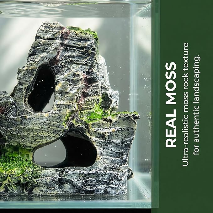 Resin Aquarium Mountain Decor with Moss Rock Cave - Multi-Level Terrain for Fish Tank Landscaping, Natural-Looking Rockery Design with Hidden Cave and Crevices for Shrimp, Reptile Habitat Aquascaping