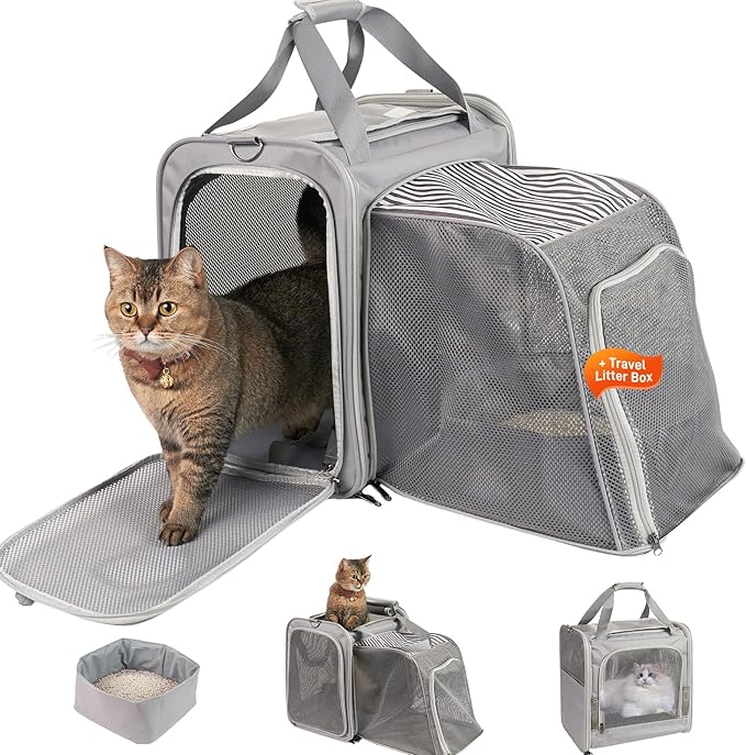 Cat Carrier with Litter Box for Large Cats Up to 25lbs, Expandable Soft-Sided Pet Travel Carrier, Breathable Foldable Cat Bag for Car Ride, Vet Visit & Camping