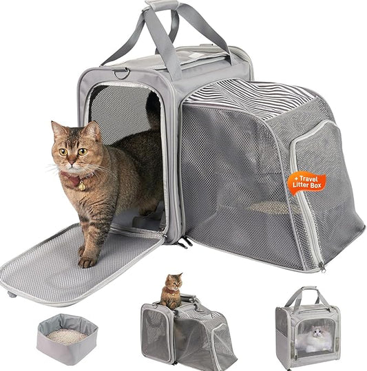 Cat Carrier with Litter Box for Large Cats Up to 25lbs, Expandable Soft-Sided Pet Travel Carrier, Breathable Foldable Cat Bag for Car Ride, Vet Visit & Camping