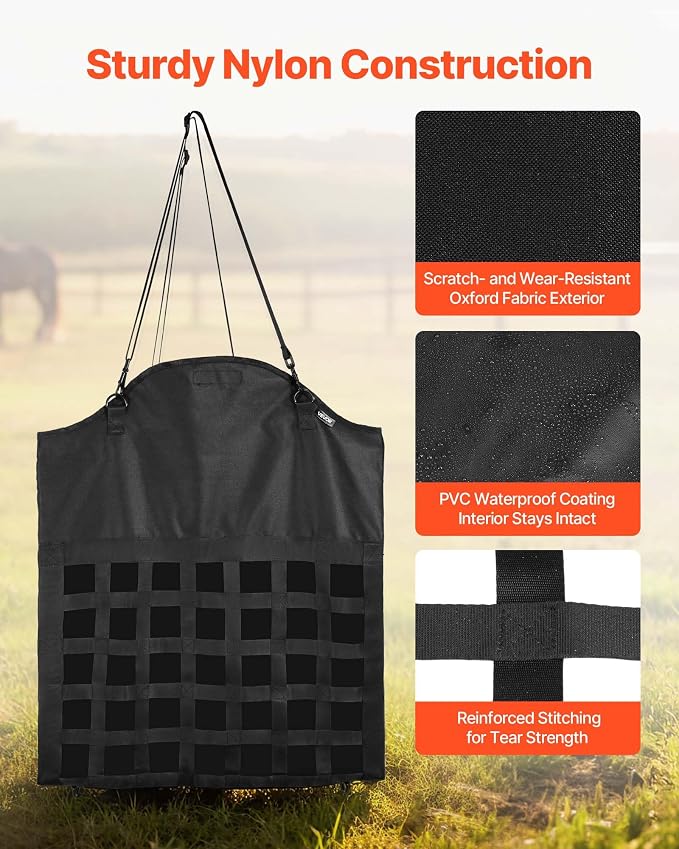 VEVOR Hay Bag for Horses, 21.65 x 7.28 x 25.2 in, 1.81 x 1.81 in Holes, Premium Nylon Construction with PVC Waterproof Coating, Adjustable Hanging Straps and Metal Hooks, Slow Feed Hay Bag for Horses